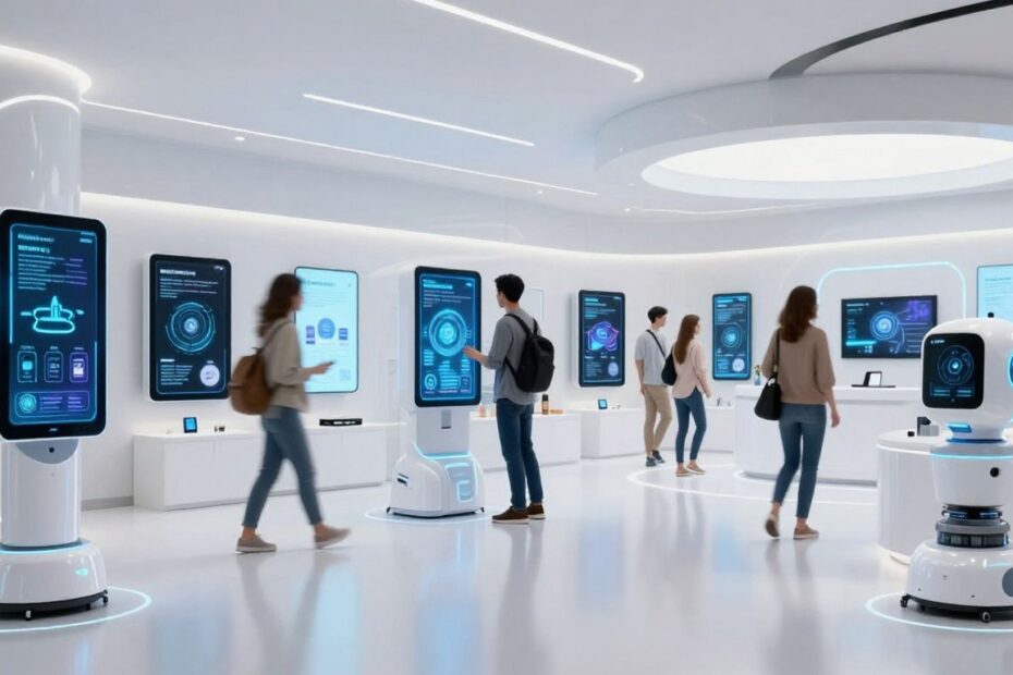 Futuristic retail store with holograms and robots.