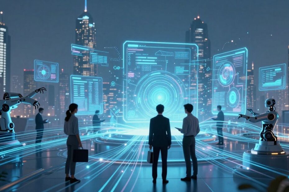 Futuristic workplace with digital interfaces and professionals.