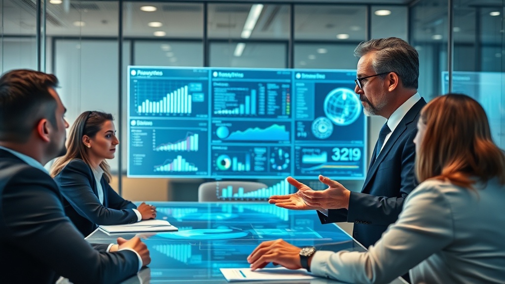 Executive leadership team reviewing AI strategy metrics and organizational governance visualizations in a modern boardroom with city views